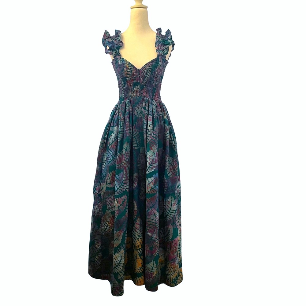 Sika Traci Smocked Maxi Dress 6 Leaf Print Tropical Resort Vacation Cotton Teal - Picture 2 of 16